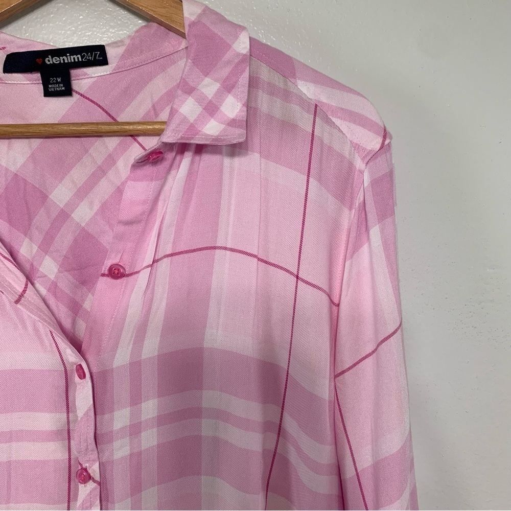 Denim 24/7 Pink Plaid Button Down High Low Hem Shirt Size 22W Valentines Day - Picture 2 of 6